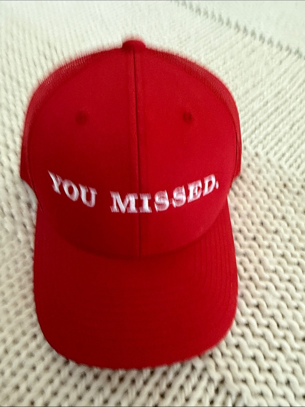 Red Kids Baseball Cap with "YOU MISSED." Embroidery